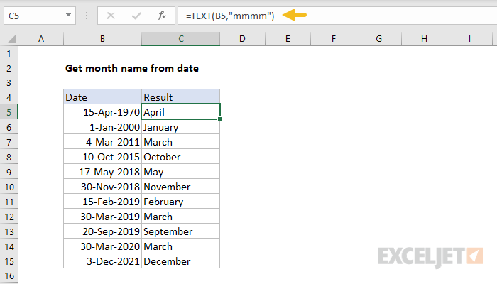 excel formula for month of year